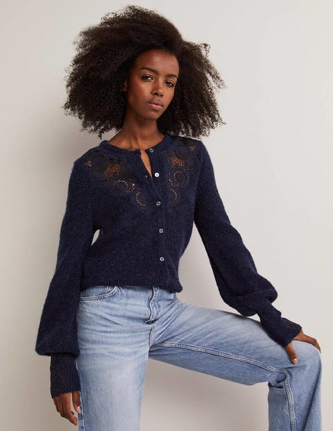 Embroidered Fluffy Cardigan - Navy 