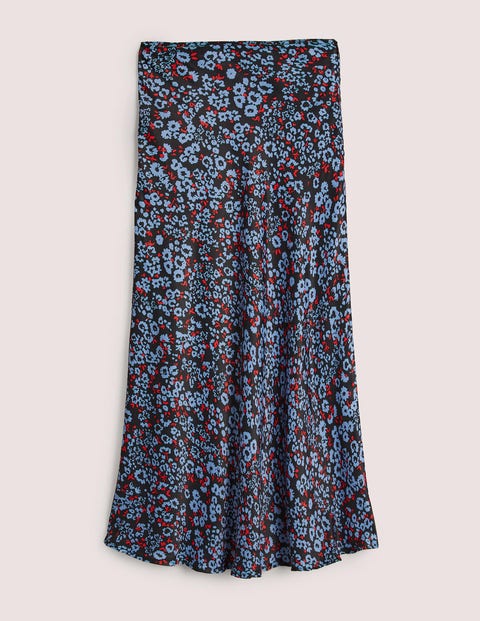 Blue Floral Satin Bias-Cut Midi Skirt Damen Boden, Rivierablau, Botanisches Muster