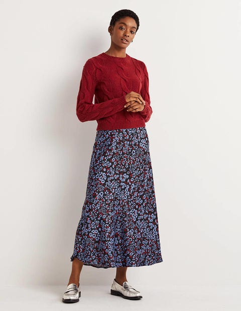 Blue Floral Satin Bias-Cut Midi Skirt - Riviera Blue, Botanic Glaze