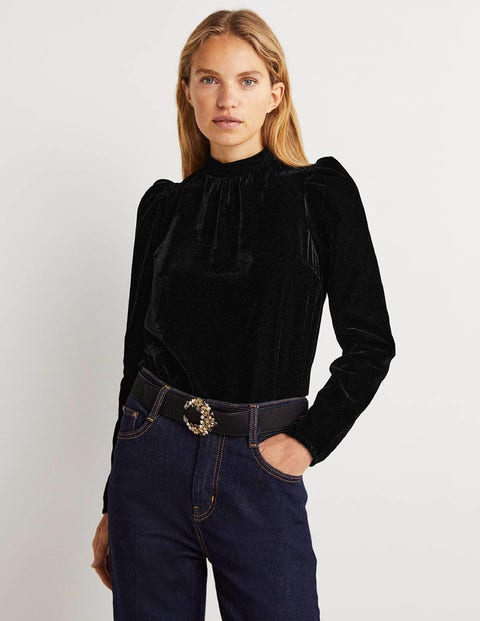 Black Mutton Sleeve Velvet Top - Black