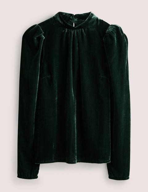 Green Mutton Sleeve Velvet Top Women Boden, Onyxgrün