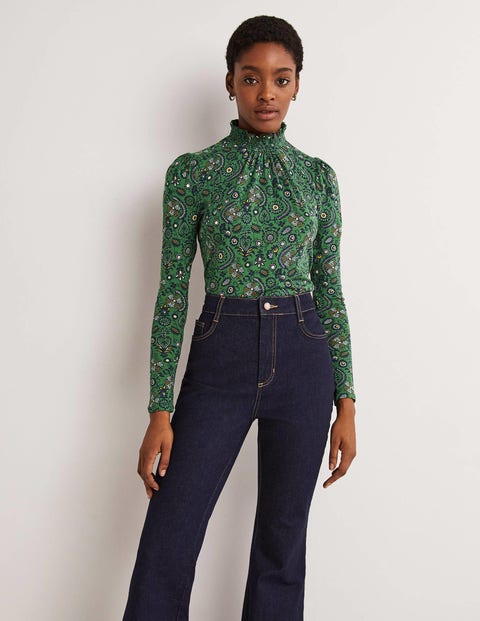 Smocked Neck Printed Top Broad Bean Tropic Charm Boden UK