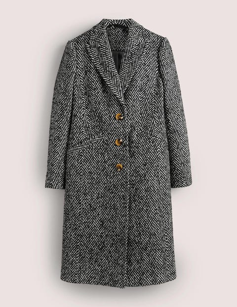 Wool Blend Tailored Coat - Black and Ivory Herringbone | Boden US