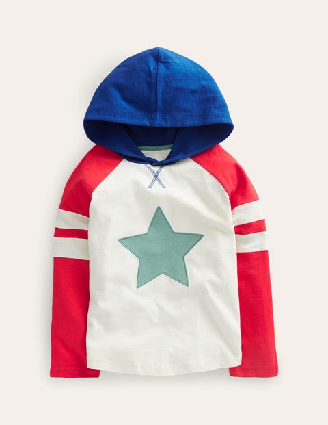 Mini Boden Kids' Hooded Logo Raglan T-shirt Ivory/peppadew Star Boys Boden