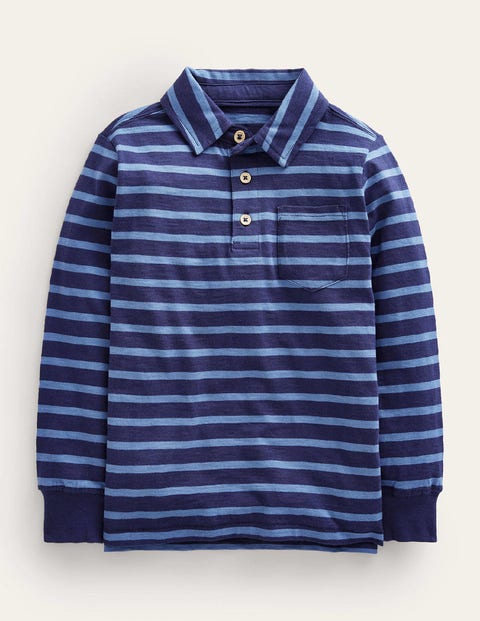 Blau, Langärmliges Flammgarn-Poloshirt mit Streifen, Jungen, Boden, Blau