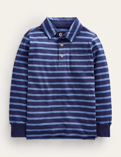 Stripe Long Sleeve Slub Polo Blue Girls Boden