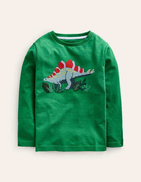 Cross Stitch Dino T-shirt Green Girls Boden