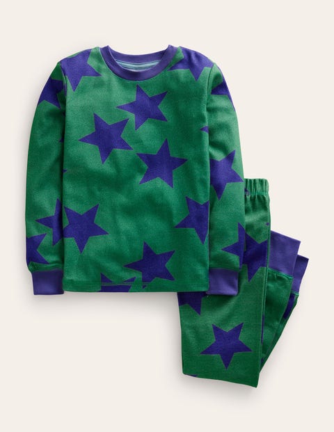 Mini Boden Snug Single Long John Pajamas Deep Green/navy Star Christmas Boden