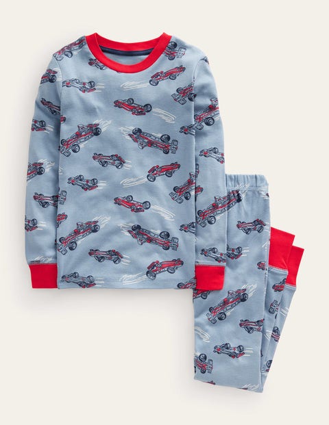 Mini Boden Snug Single Long John Pyjamas Pebble Blue Race Car Christmas Boden