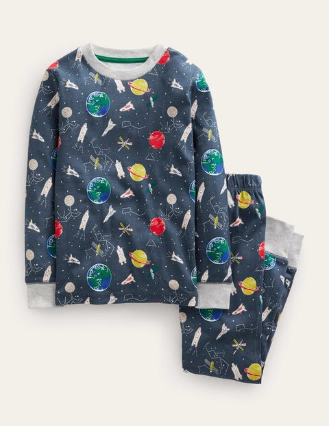 Mini Boden Snug Long Pajamas Robot Blue Space Christmas Boden