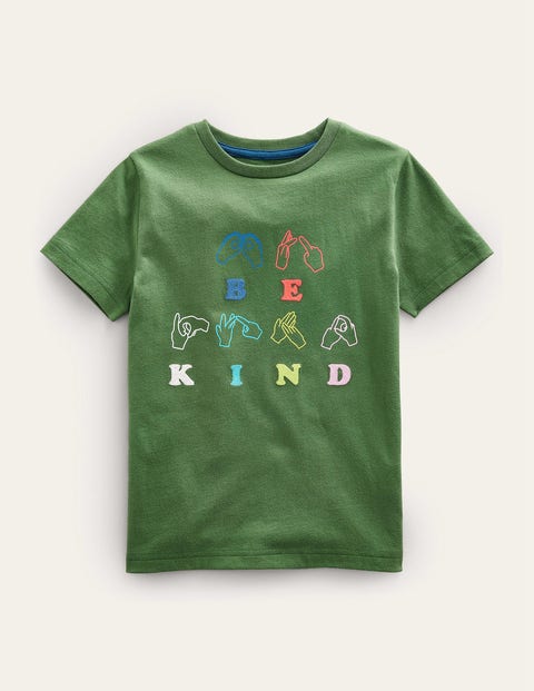 Chain Stitch Slogan T-shirt Green Girls Boden
