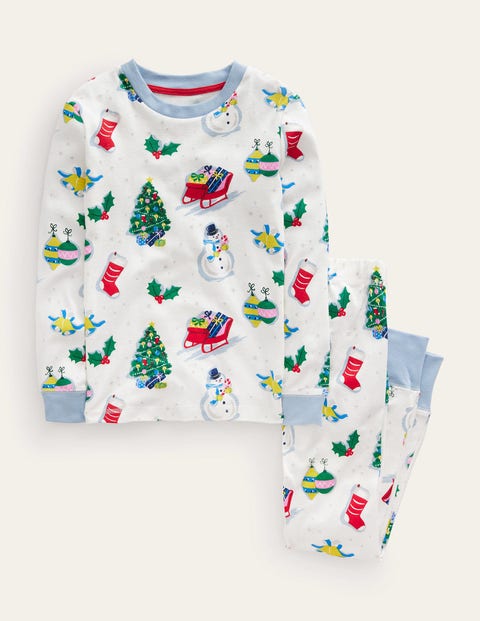 Mini Boden Snug Single Long John Pyjamas Ivory Festive Fun Christmas Boden In Neutral