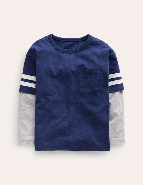 Mini Boden Kids' Stripe Mock Sleeve T-shirt College Navy Marl Girls Boden