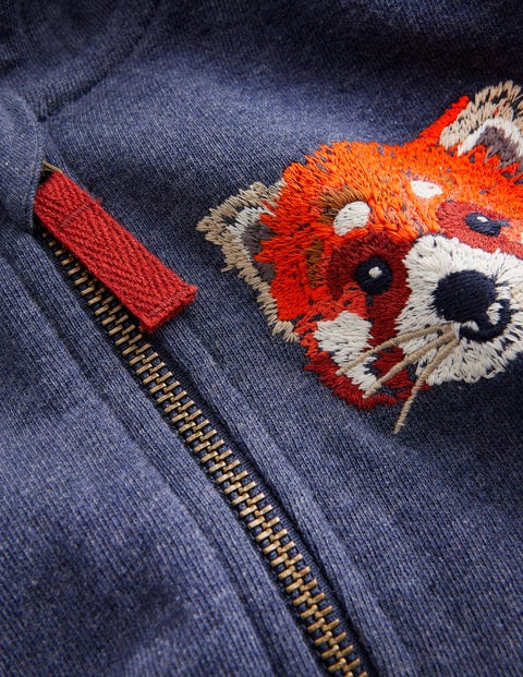 Mini Boden Kids' Red Panda Embroidered Cotton Zip-Up Hoodie Blue Marl Panda