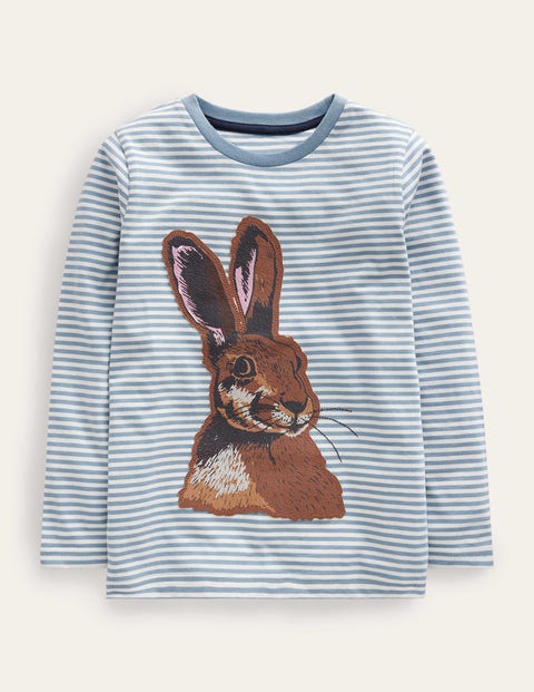 Hare Applique T-shirt - Pebble Blue/Ivory Hare | Boden UK