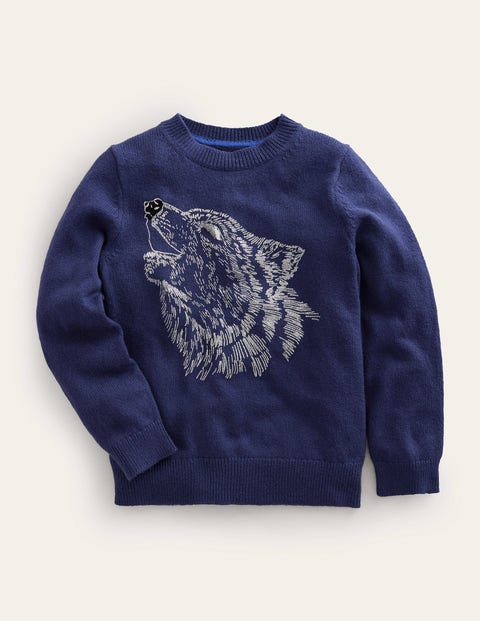 Boden Kids' Fun Cosy Jumper French Navy Wolf Boys