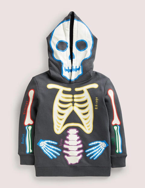 Halloween Glow Skeleton Hoodie Grey Baby Boden