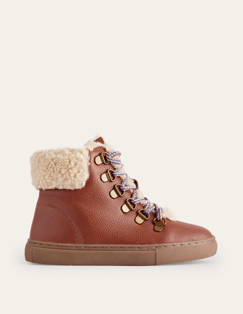 Boden Kids' Cosy Leather Lace Up Boots Tan Girls