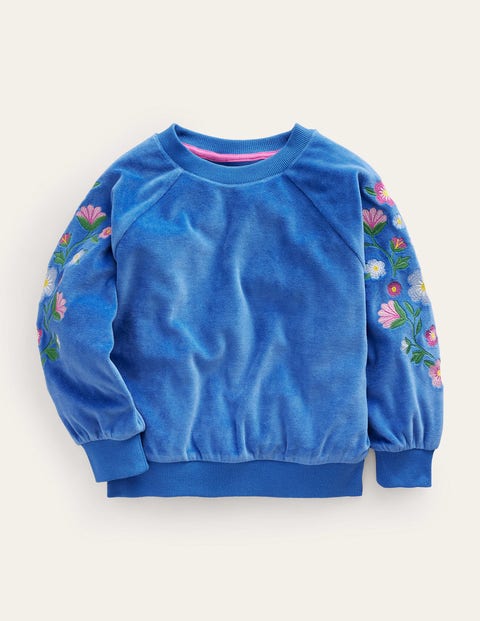 Delftblau Floral, Besticktes Sweatshirt aus Samt, Mädchen, Boden, Delftblau Floral