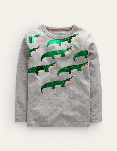 Mini Boden Kids' Foil Printed T-shirt Grey Marl Crocodile Boys Boden