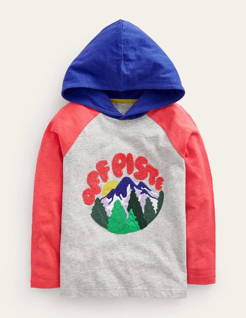 Mini Boden Kids' Off Piste Hooded T-shirt Grey Marl/red/blue Mountain Girls Boden