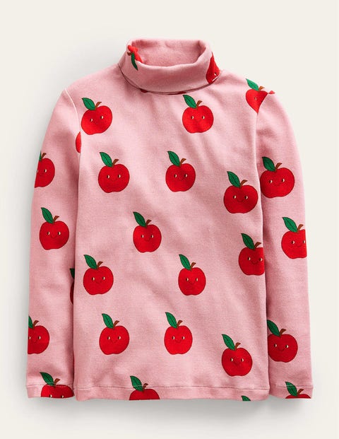 Boden Kids' Super Soft Roll Neck Top Almond Pink Apples Girls