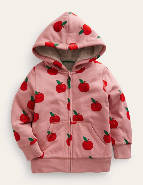 Mini Boden Kids' Shaggy Lined Hoodie French Pink Apples Girls Boden