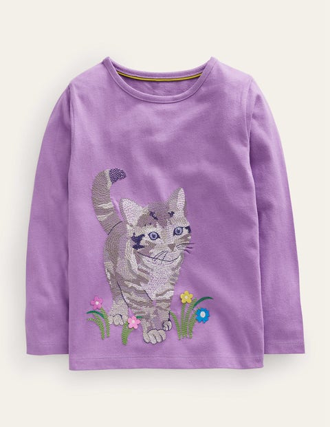 Mini Boden Kids' Superstitch T-shirt Aster Purple Cat Girls Boden