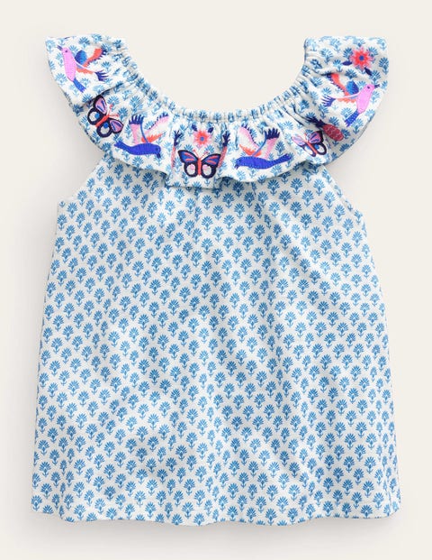 Frill Embroidered Top Blue Girls Boden