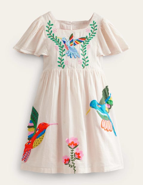 Flutter-Sleeve Applique Dress Natural Girls Boden