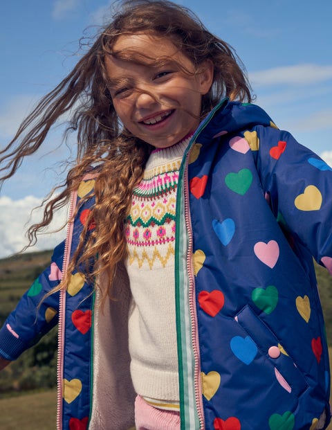 Printed Sherpa Lined Anorak - Navy Hearts | Boden UK