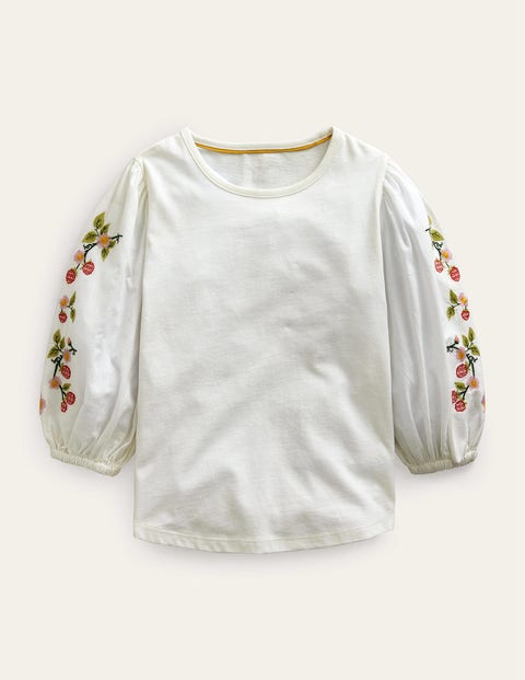 Embroidered Puff Sleeve Top Ivory Girls Boden