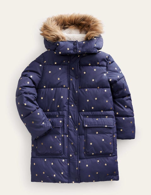 Mini Boden Kids' Longline Padded Coat Navy Foil Stars Girls Boden