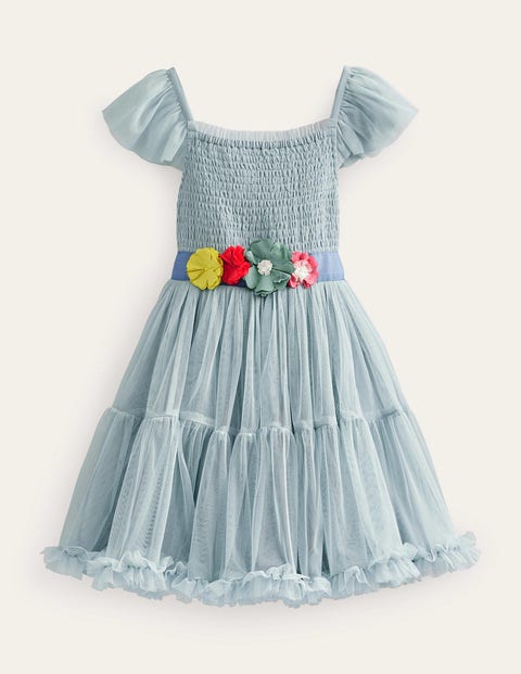 Mini Boden Kids' Full Tulle Corsage Dress Tourmaline Blue Girls Boden