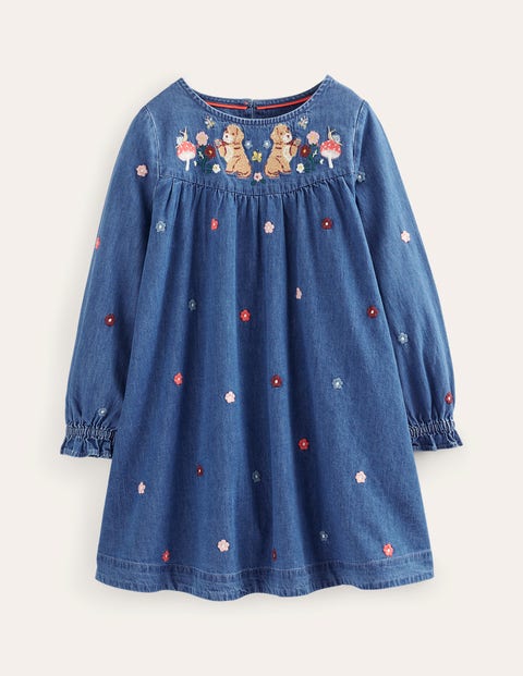 Logo Woven Embroidered Dress Denim Girls Boden