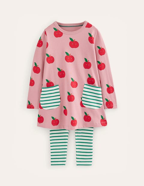 Mini Boden Kids' Tunic And Leggings Set Almond Pink Apples Girls Boden