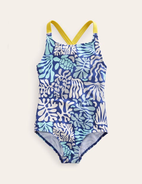Cross-back Printed Swimsuit Blue Girls Boden
