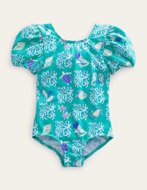 Mini Boden Kids' Puff Sleeve Swimsuit Tropical Spring Lagoon Girls Boden