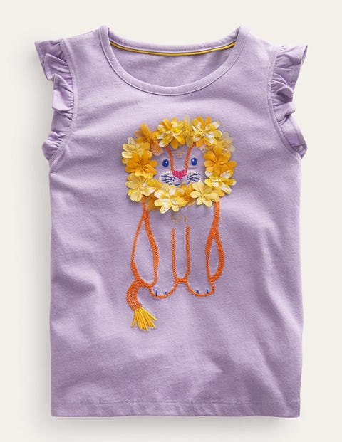 Mini Boden Kids' Embroidered Flutter Top Misty Lavender Lion Girls Boden
