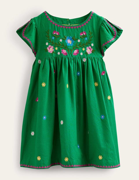 Embroidered Texture Dress Green Girls Boden