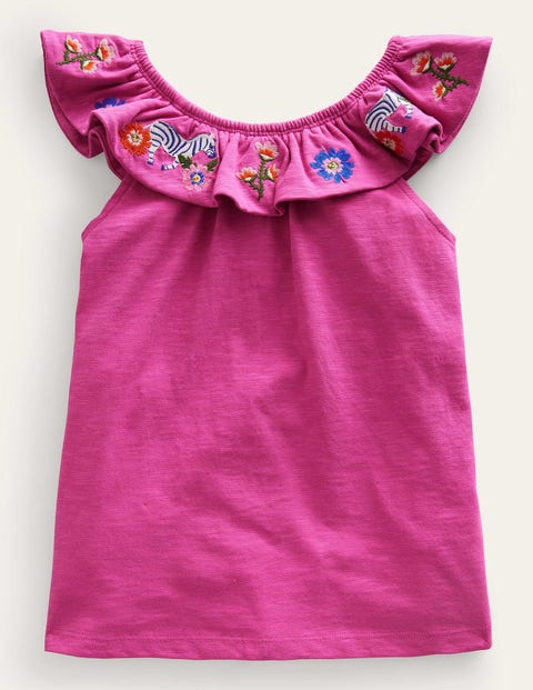 Boden Kids' Frill Embroidered Top Pink Zebras Girls