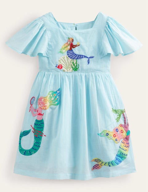 Flutter-Sleeve Applique Dress Blue Girls Boden