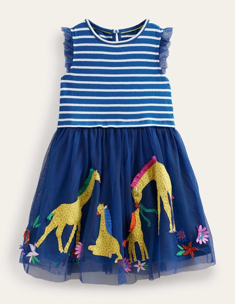 Tulle Mix Applique Dress Blue Girls Boden