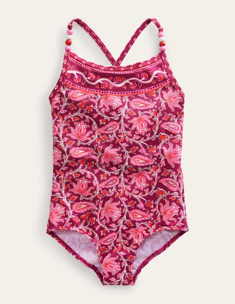 Mini Boden Kids' Beaded Swimsuit Raspberry Radiance Paisley Girls Boden