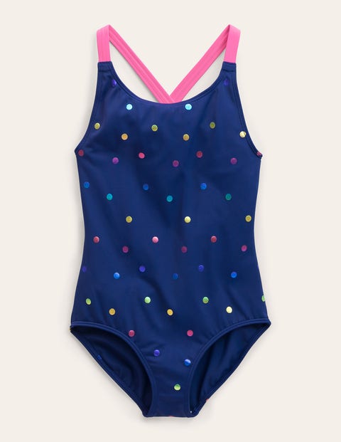 Mini Boden Kids' Cross-back Printed Swimsuit Navy, Rainbow Foil Confetti Girls Boden