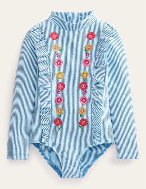 Mini Boden Embroidered Sunsafe Swimsuit Ivory Surfboard Blue Stripe Girls Boden