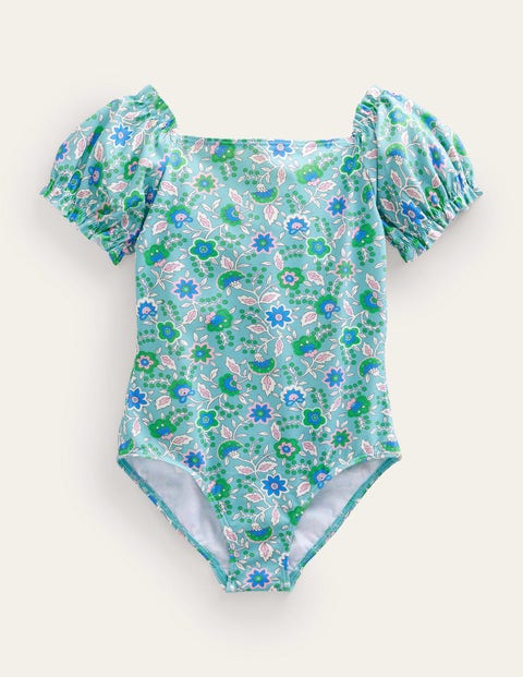 Puff Sleeve Swimsuit - Aqua Sea Floral Vine | Boden EU