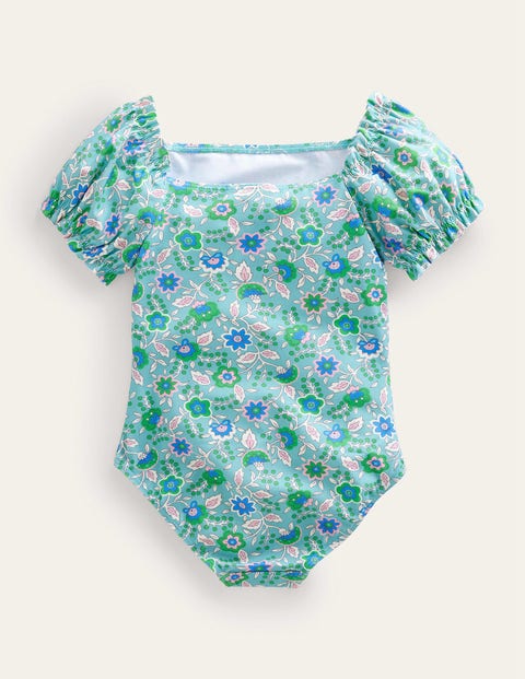 Puff Sleeve Swimsuit - Aqua Sea Floral Vine | Boden US