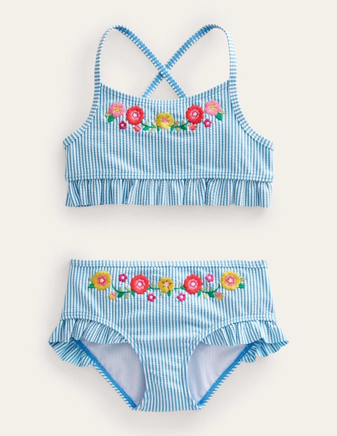 Embroidered Frilly Bikini Blue Girls Boden