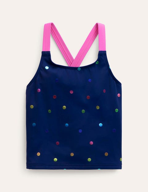 Boden Kids' Cross Back Tankini Top Rainbow Foil Confetti Spot Girls